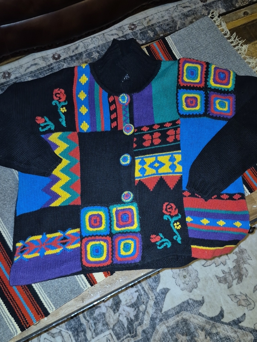 Roots by Carole Little patchwork cardigan sweater.Sz.M..(#2010B) Vintage 90s.